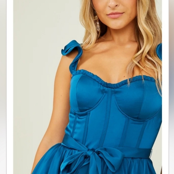 Altar'd State Small Blue Corset Satin Tiered Mini Melney Dress - Picture 15 of 17